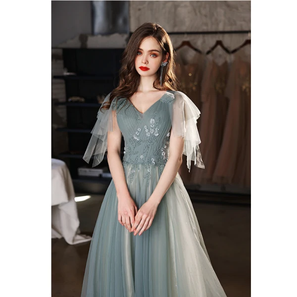 Chic / Beautiful Green Beading Sequins Prom Dresses 2022 A-Line / Princess V-Neck Short Sleeve Backless Floor-Length / Long Formal Dresses