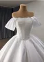High-end Elegant White Pearl Satin Wedding Dresses 2025 Ball Gown Off-The-Shoulder Short Sleeve Backless Chapel Train Wedding