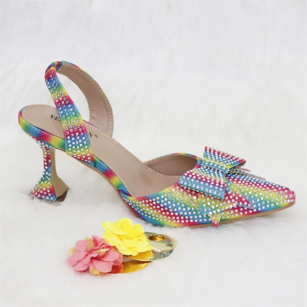 Charming Multi-Colors Rainbow Rhinestone Bow Womens Sandals Clutch Bags 2023 8 cm Stiletto Heels Evening Party Pointed Toe Sandals High Heels Clutch Bags