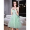 Chic / Beautiful Mint Green Homecoming Appliques Graduation Dresses 2022 A-Line / Princess Spaghetti Straps Sleeveless Backless Bow Floor-Length / Long Formal Dresses