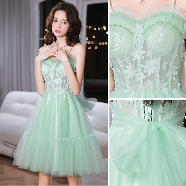 Chic / Beautiful Mint Green Homecoming Appliques Graduation Dresses 2022 A-Line / Princess Spaghetti Straps Sleeveless Backless Bow Floor-Length / Long Formal Dresses