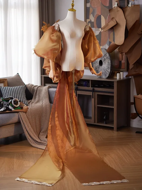 Fashion Khaki Handmade  Puffy Short Sleeve Jackets & wraps Prom shawl 2025 Tulle