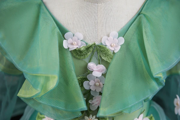 Chic / Beautiful Sage Green Appliques Lace Flower Pearl Cascading Ruffles Birthday Flower Girl Dresses 2024 Ball Gown V-Neck Short Sleeve Court Train