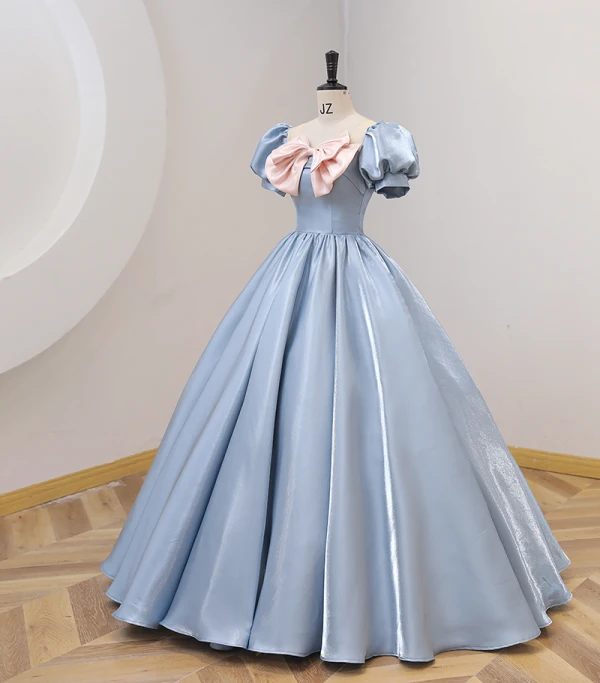 Fashion Sky Blue Prom Dresses 2022 Ball Gown Scoop Neck Bow Puffy Short Sleeve Backless Floor-Length / Long Prom Formal Dresses