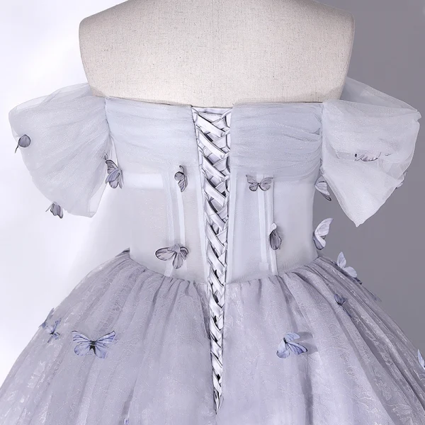 Chic / Beautiful Grey Butterfly Prom Dresses 2022 Ball Gown Off-The-Shoulder Short Sleeve Backless Floor-Length / Long Prom Formal Dresses