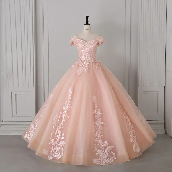 Élégant Rougissant Rose Fait main Perlage Paillettes En Dentelle Fleur Robe De Bal 2026 Robe Boule De l'épaule Sans Manches Dos Nu Longue Tulle Robe De Ceremonie
