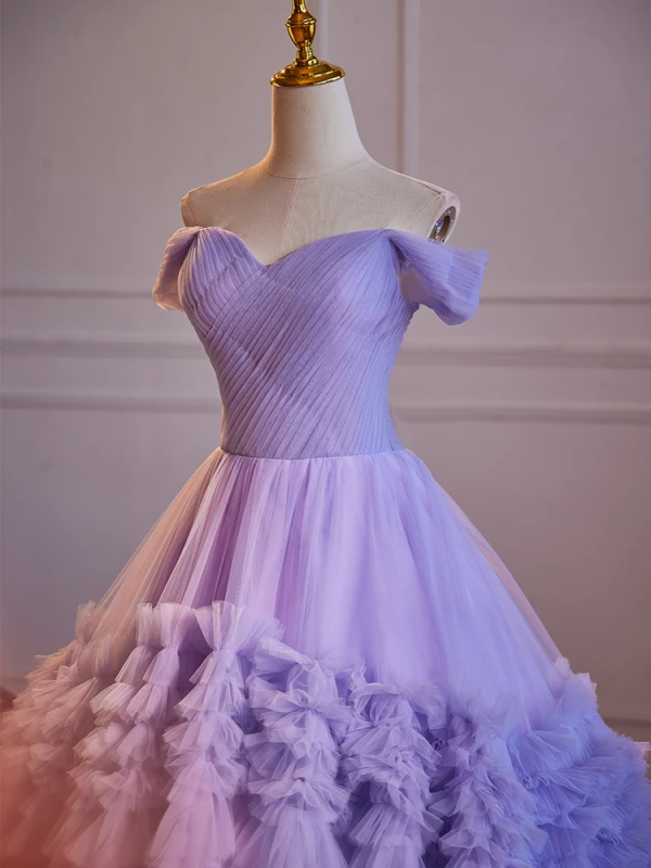 Schöne Lavendel Rüschen Ballkleider 2024 Ballkleid Off Shoulder Ärmellos Rückenfreies Sweep / Pinsel Zug Ball Festliche Kleider