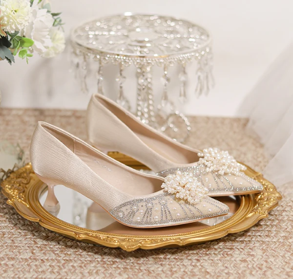 Charmant Champagne Perle Faux Diamant Chaussure De Mariée 2023 5 cm Talons Aiguilles À Bout Pointu Mariage Escarpins Talons Hauts