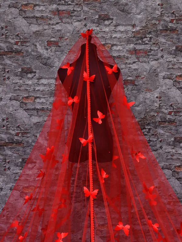 Chic / Beautiful Red Butterfly Chapel Train Wedding Veils 2025 3.5 m Tulle