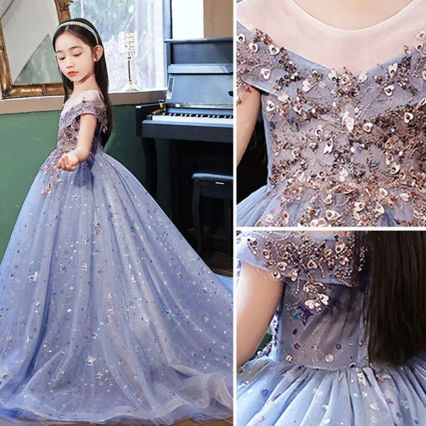 Chic / Beautiful Pool Blue Beading Sequins Lace Flower Evening Party Flower Girl Dresses 2022 Ball Gown Scoop Neck Short Sleeve Court Train Flower Girl Dresses