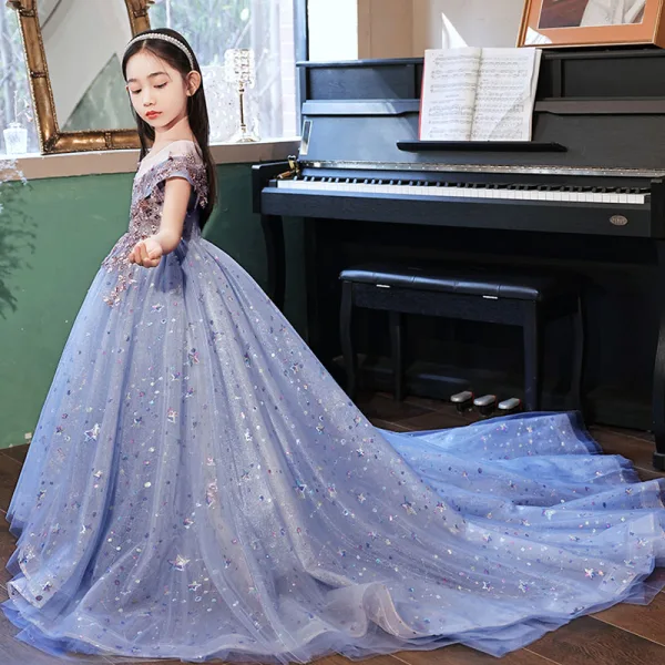 Chic / Beautiful Pool Blue Beading Sequins Lace Flower Evening Party Flower Girl Dresses 2022 Ball Gown Scoop Neck Short Sleeve Court Train Flower Girl Dresses