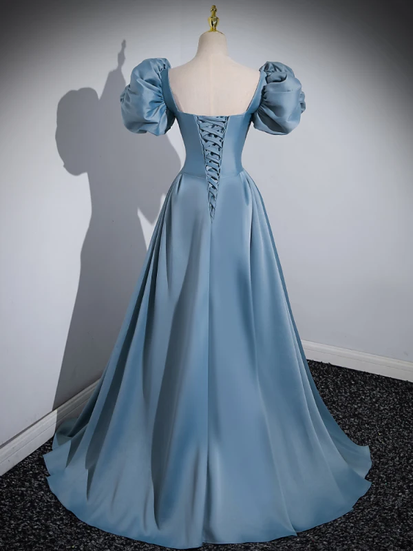 Elegant Pool Blue Satin Prom Dresses 2023 Ball Gown Square Neckline Puffy Short Sleeve Backless Floor-Length / Long Prom Formal Dresses