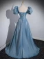 Elegant Pool Blue Satin Prom Dresses 2023 Ball Gown Square Neckline Puffy Short Sleeve Backless Floor-Length / Long Prom Formal Dresses