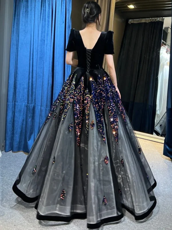 Chic / Beautiful Black Sequins Prom Dresses 2024 Ball Gown V-Neck Puffy Short Sleeve Backless Floor-Length / Long Prom Formal Dresses