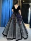 Chic / Beautiful Black Sequins Prom Dresses 2024 Ball Gown V-Neck Puffy Short Sleeve Backless Floor-Length / Long Prom Formal Dresses