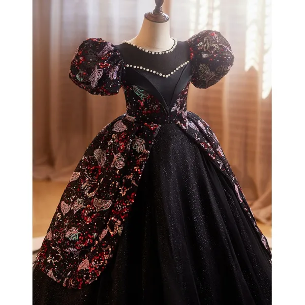 Vintage / Retro Black Pearl Sequins Birthday Flower Girl Dresses 2025 Ball Gown Scoop Neck Puffy Short Sleeve Backless Floor-Length / Long Tulle
