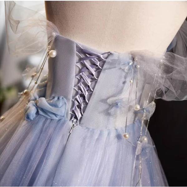 Charming Sky Blue Glitter Pearl Appliques Prom Dresses 2023 Ball Gown Off-The-Shoulder Sleeveless Backless Floor-Length / Long Prom Formal Dresses