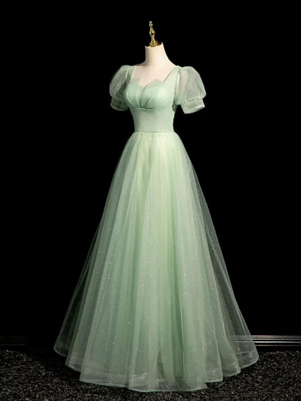 Chic / Beautiful Sage Green Glitter Prom Dresses 2024 A-Line / Princess Square Neckline Short Sleeve Backless Floor-Length / Long Prom Formal Dresses