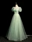 Chic / Beautiful Sage Green Glitter Prom Dresses 2024 A-Line / Princess Square Neckline Short Sleeve Backless Floor-Length / Long Prom Formal Dresses