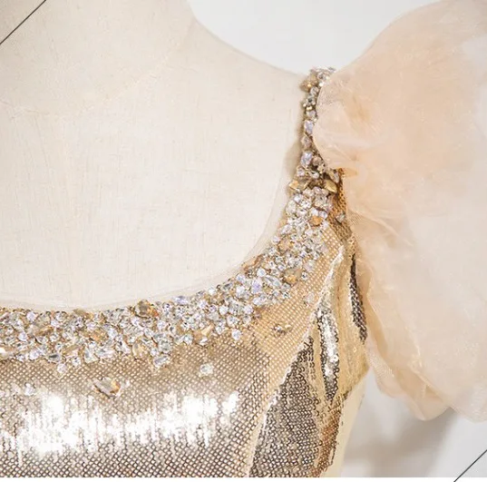 Glitzernden Gold Pailletten Abendkleider 2025 Meerjungfrau U-Ausschnitt Geschwollenes Kurze Ärmel Rückenfreies Sweep / Pinsel Zug Abend Festliche Kleider