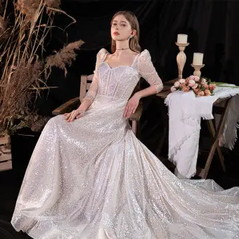 Sparkly Luxury Gorgeous White Beading Pearl Sequins Wedding Dresses 2022 A Line Princess Square Neckline Backless Long Sleeve Sweep Train Wedding