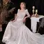 Glitzernden Luxus / Herrlich Weiß Perlenstickerei Perle Pailletten Brautkleider / Hochzeitskleider 2022 A Linie Eckiger Ausschnitt Rückenfreies Lange Ärmel Sweep / Pinsel Zug Hochzeit