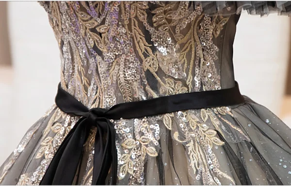 Elegant Black Sequins Lace Flower Prom Dresses 2024 Ball Gown Off-The-Shoulder Sleeveless Backless Bow Sash Floor-Length / Long Prom Formal Dresses
