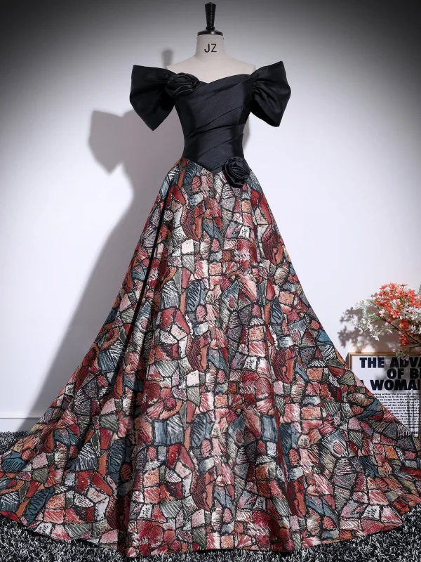 Unusual Multi-Colors Plaid Prom Dresses 2025 Ball Gown Off-The-Shoulder Short Sleeve Backless Floor-Length / Long Formal Dresses