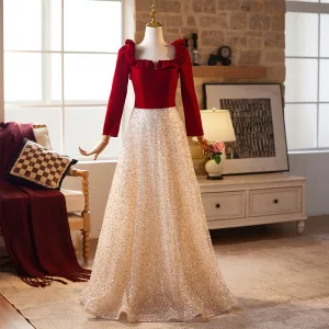 Chic Belle Bordeaux Paillettes Robe De Bal 2024 Princesse Encolure Carrée Manches Longues Dos Nu Longue Promo Robe De Ceremonie