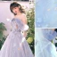 Flower Fairy Sky Blue Appliques Organza Prom Dresses 2023 A-Line / Princess Off-The-Shoulder Sleeveless Backless Floor-Length / Long Prom Formal Dresses