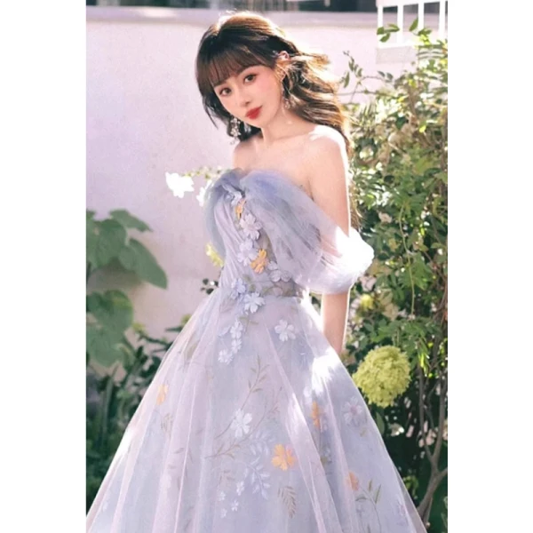 Flower Fairy Sky Blue Appliques Organza Prom Dresses 2023 A-Line / Princess Off-The-Shoulder Sleeveless Backless Floor-Length / Long Prom Formal Dresses