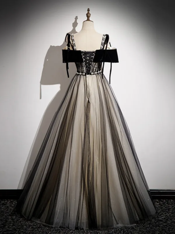 Chic / Beautiful Black Sequins Prom Dresses 2023 A-Line / Princess Pearl Rhinestone Spaghetti Straps Sash Short Sleeve Backless Floor-Length / Long Prom Formal Dresses