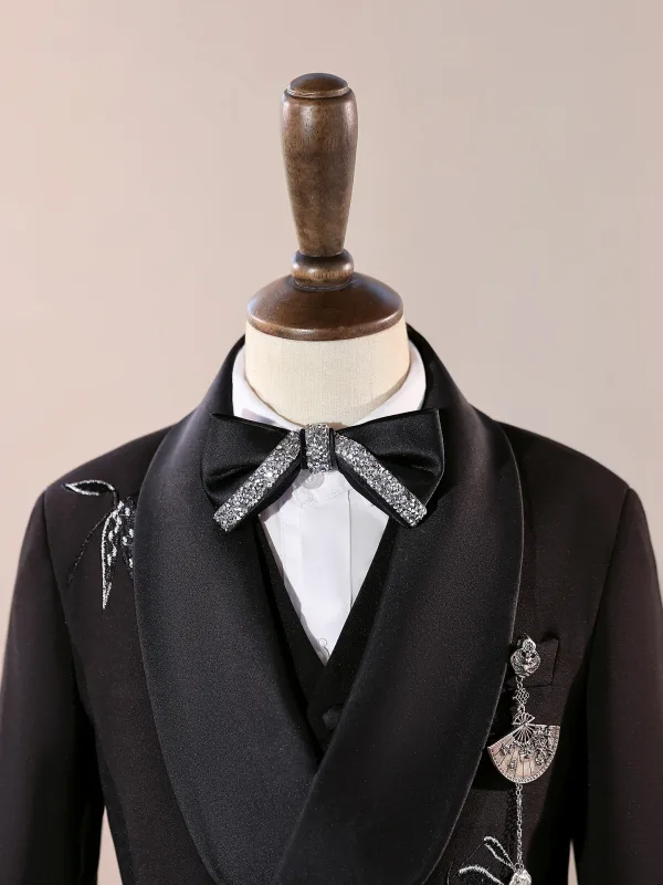 Chinese style Black Rhinestone 6-piece Long Sleeve Boys Wedding Suits 2025 Body Jewellery Coat Pants Shirt Tie Vest