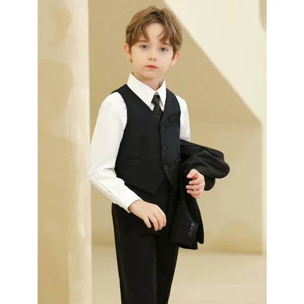 Fashion Black 5-piece Long Sleeve Boys Wedding Suits 2023 Coat Pants Shirt Tie Vest Wedding