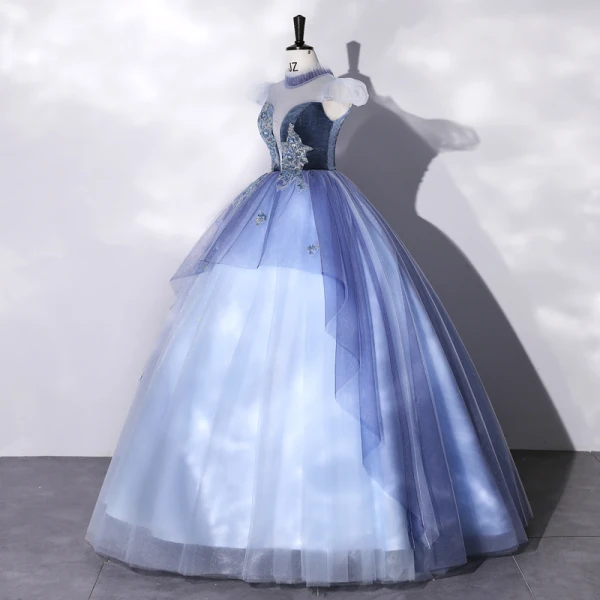 Elegant Pool Blue Beading Sequins Lace Flower Prom Dresses 2022 Ball Gown High Neck Puffy Short Sleeve Floor-Length / Long Formal Dresses