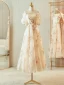 Modest / Simple Champagne Printing Bridesmaid Dresses 2023 A-Line / Princess Short Sleeve Backless Tea-length Bridesmaid Wedding Party Dresses