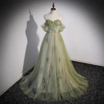 Charming Sage Green Beading Pearl Sequins Prom Dresses 2022 A Line Princess Off The Shoulder Short Sleeve Backless Prom Floor Length Long Formal Dresses