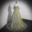 Charming Sage Green Beading Pearl Sequins Prom Dresses 2022 A-Line / Princess Off-The-Shoulder Short Sleeve Backless Prom Floor-Length / Long Formal Dresses