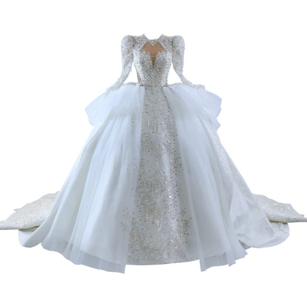 Luxury / Gorgeous Sparkly White Handmade  Beading Pearl Rhinestone Sequins Cascading Ruffles Wedding Dresses 2023 Ball Gown Scoop Neck Long Sleeve Backless
