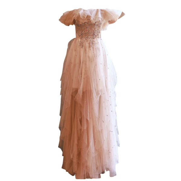 Charming Champagne Evening Dresses 2022 A-Line / Princess Off-The-Shoulder Beading Sequins Sleeveless Backless Floor-Length / Long Evening Party Formal Dresses