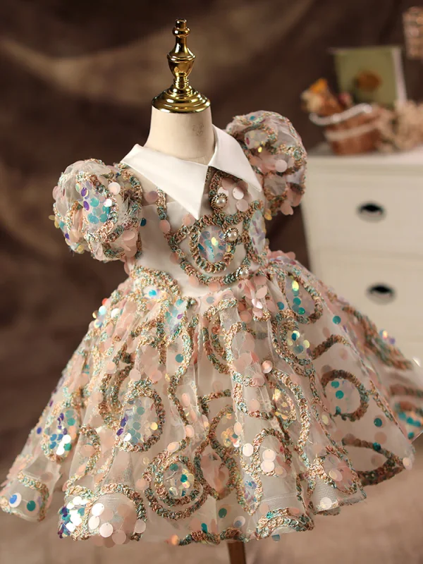 Chic / Beautiful Blushing Pink Beading Pearl Sequins Flower Girl Dresses 2022 Ball Gown V-Neck Puffy Short Sleeve Short Prom Flower Girl Dresses