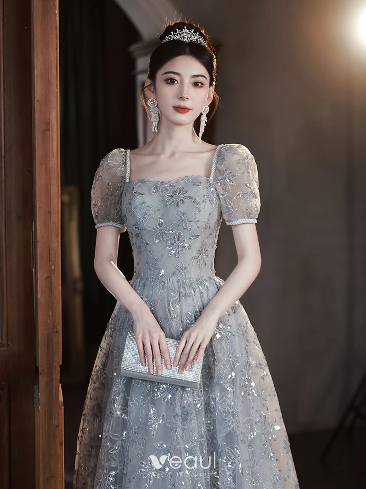 Charming Grey Beading Rhinestone Sequins Prom Dresses 2024 A Line Princess Square Neckline Short Sleeve Backless Floor Length Long Prom Formal Dresses