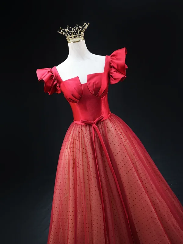 Chic / Beautiful Burgundy Dot Bow Sash Prom Dresses 2025 A-Line / Princess Square Neckline Short Sleeve Backless Floor-Length / Long Prom Formal Dresses