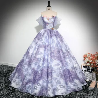 Elegant Lavender Rhinestone Lace Flower Appliques Prom Dresses 2024 Ball Gown Off The Shoulder Short Sleeve Backless Floor Length Long Prom Formal Dresses