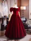 Vintage / Retro Burgundy Velvet Prom Dresses 2025 A-Line / Princess Off-The-Shoulder Short Sleeve Backless Floor-Length / Long Prom Formal Dresses