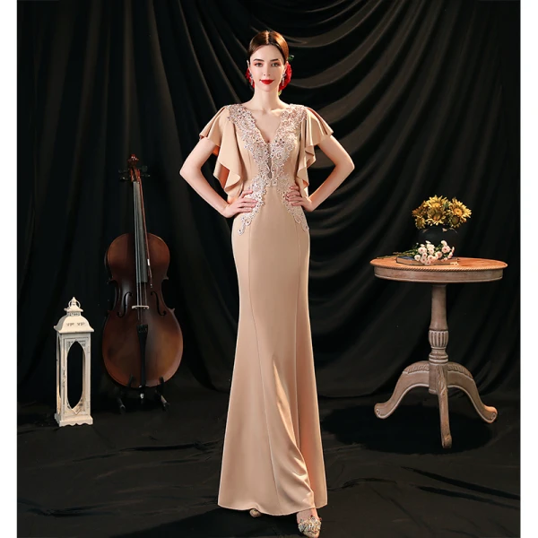 Charmant Nues En Dentelle Fleur Robe De Soirée 2022 Satin Trompette / Sirène V-Cou Perlage Faux Diamant Paillettes Manches Courtes Dos Nu Longue Soirée Robe De Ceremonie