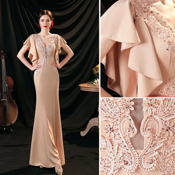 Charmant Nues En Dentelle Fleur Robe De Soirée 2022 Satin Trompette / Sirène V-Cou Perlage Faux Diamant Paillettes Manches Courtes Dos Nu Longue Soirée Robe De Ceremonie