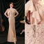 Charmant Nues En Dentelle Fleur Robe De Soirée 2022 Satin Trompette / Sirène V-Cou Perlage Faux Diamant Paillettes Manches Courtes Dos Nu Longue Soirée Robe De Ceremonie