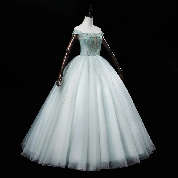 Elegant Mint Green Prom Dresses 2022 Ball Gown Off-The-Shoulder Beading Pearl Rhinestone Sleeveless Backless Floor-Length / Long Prom Formal Dresses