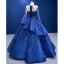 Luxe Bleu Roi Perlage Perle Paillettes En Dentelle Fleur Volants en Cascade Robe De Bal 2022 Robe Boule Encolure Dégagée Manches Longues Longue Promo Robe De Ceremonie